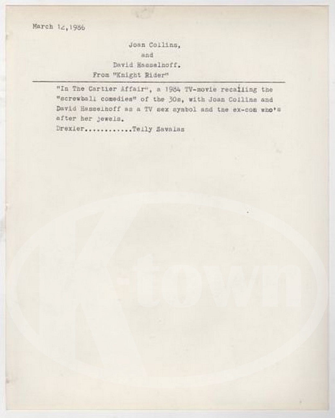 DAVID HASSELHOFF JOAN COLLINS CARTIER AFFAIR TV SHOW VINTAGE PROMO PHOTO - K-townConsignments