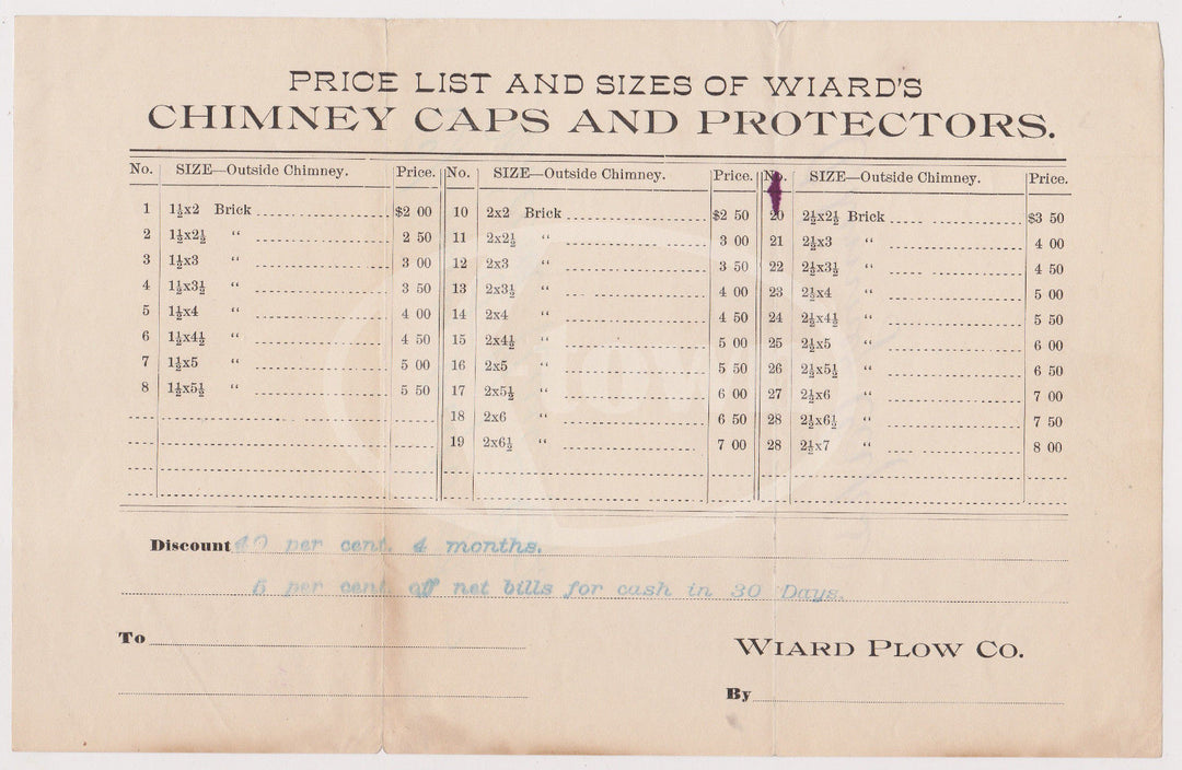 WIARD PLOW BRICK CHIMNEY CAPS BATVIA NY ANTIQUE ADVERTISING PRICE LIST FLYER - K-townConsignments