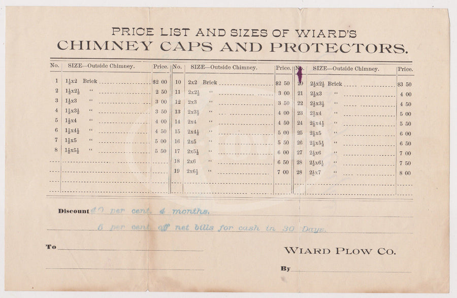 WIARD PLOW BRICK CHIMNEY CAPS BATVIA NY ANTIQUE ADVERTISING PRICE LIST FLYER - K-townConsignments