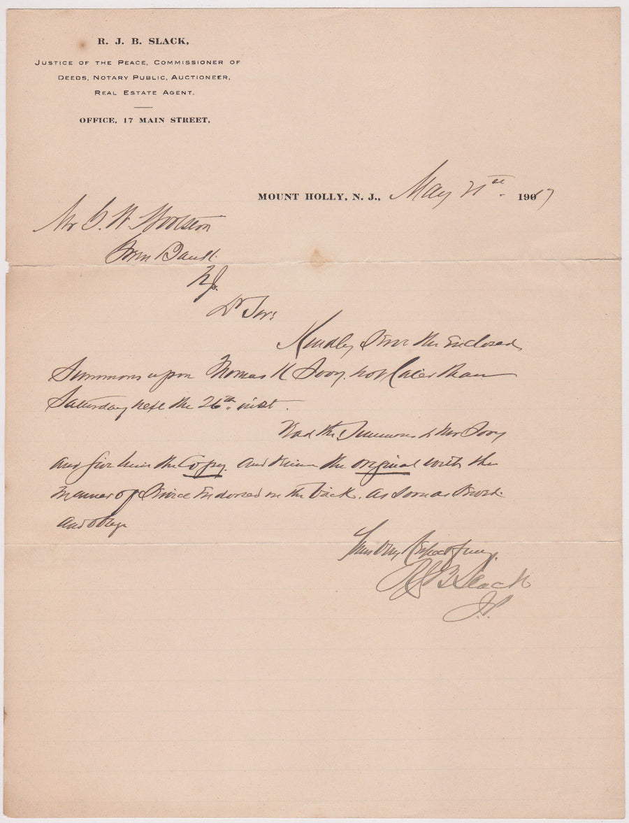JUSTICE OF PEACE RJB SLACK MOUNT HOLLY NJ ANTIQUE AUTOGRAPH SIGNED LETTER 1916 - K-townConsignments