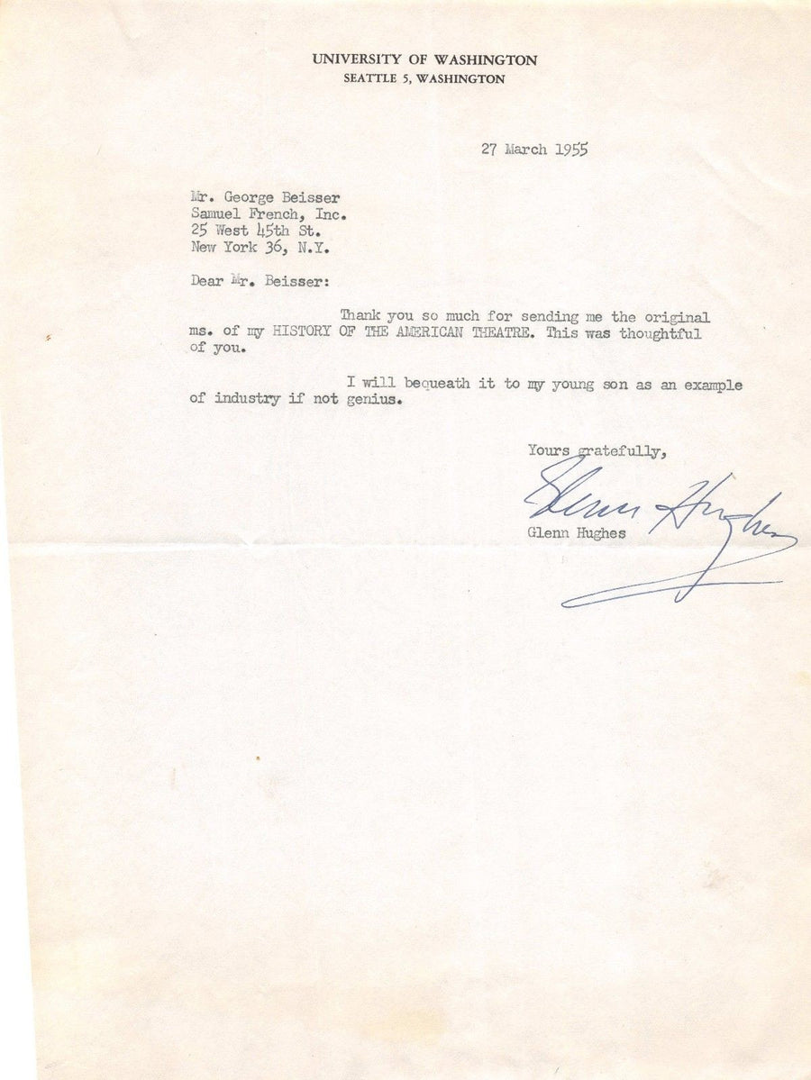 GLENN HUGHES UNIVERSITY OF WASHINGTON ORIGINAL AUTOGRAPH SIGNED LETTER 1955 - K-townConsignments