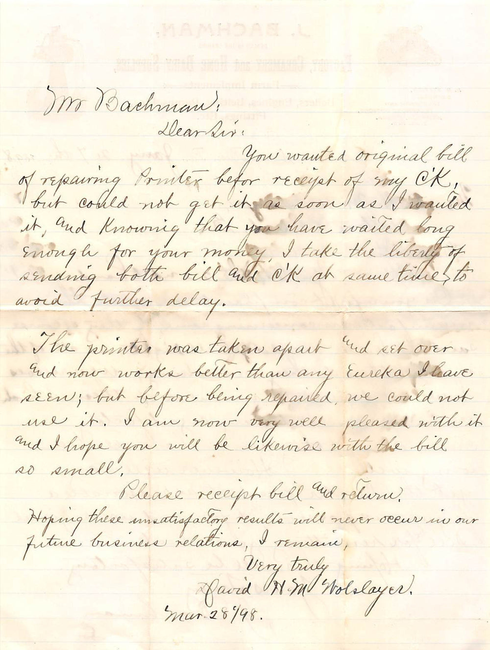 JACOB BACHMAN DAIRY FARM TOOLS STONY RUN PA ANTIQUE AUTOGRAPH SIGNED LETTER 1898 - K-townConsignments