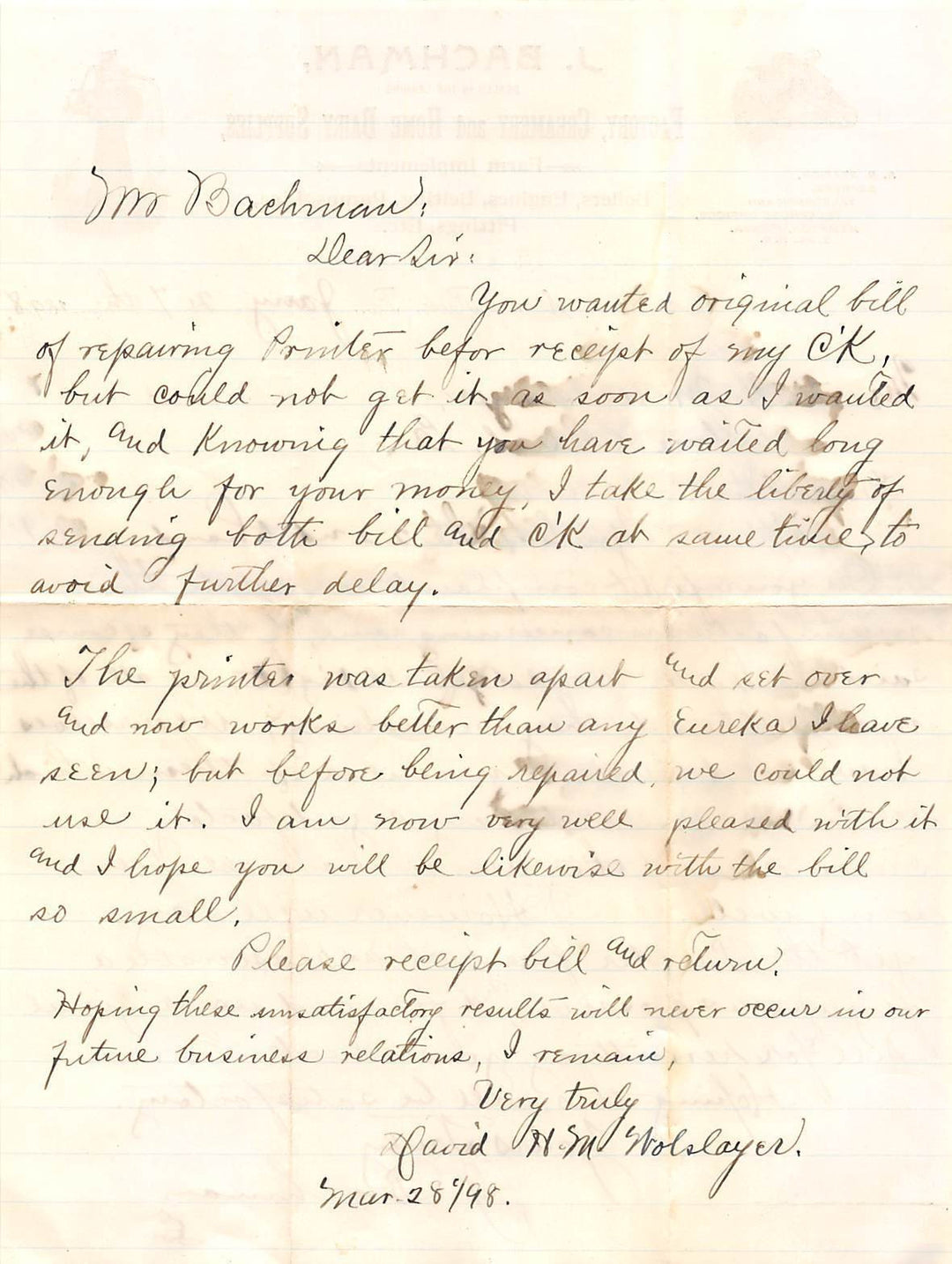 JACOB BACHMAN DAIRY FARM TOOLS STONY RUN PA ANTIQUE AUTOGRAPH SIGNED LETTER 1898 - K-townConsignments