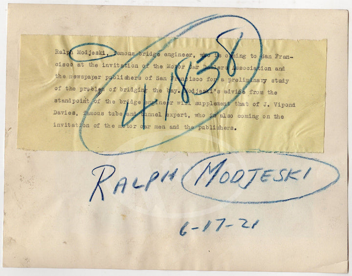 RALPH MODJESKI SAN FRANCISCO BRIDGE ENGINEER VINTAGE NEWS PRESS PHOTOGRAPH - K-townConsignments