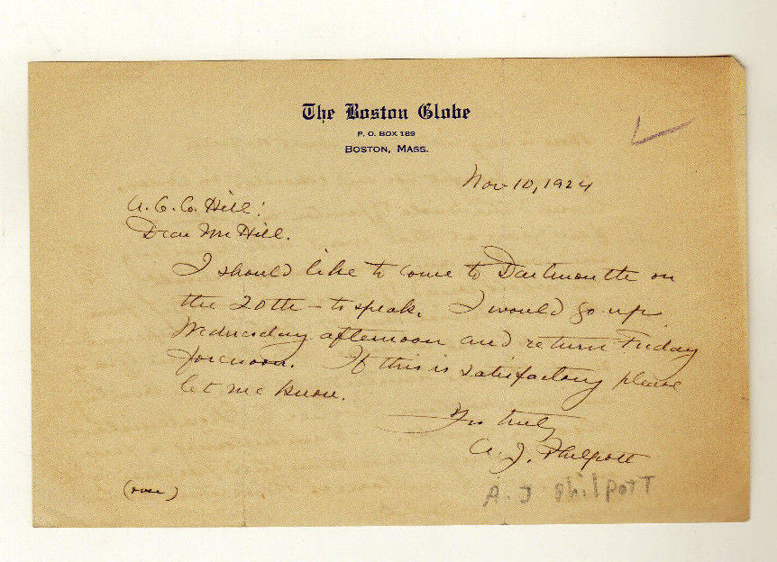 A. J. PHILPOTT BOSTON GLOBE WRITER CRITIC ANTIQUE AUTOGRAPH SIGNED LETTER 1924 - K-townConsignments