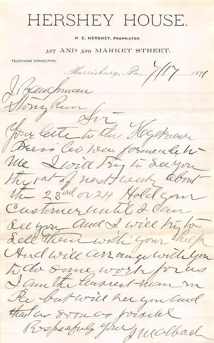 HERSHEY HOUSE HARRISBURG PENNSYLVANIA RARE ANTIQUE ADVERTISING LETTERHEAD 1891 - K-townConsignments
