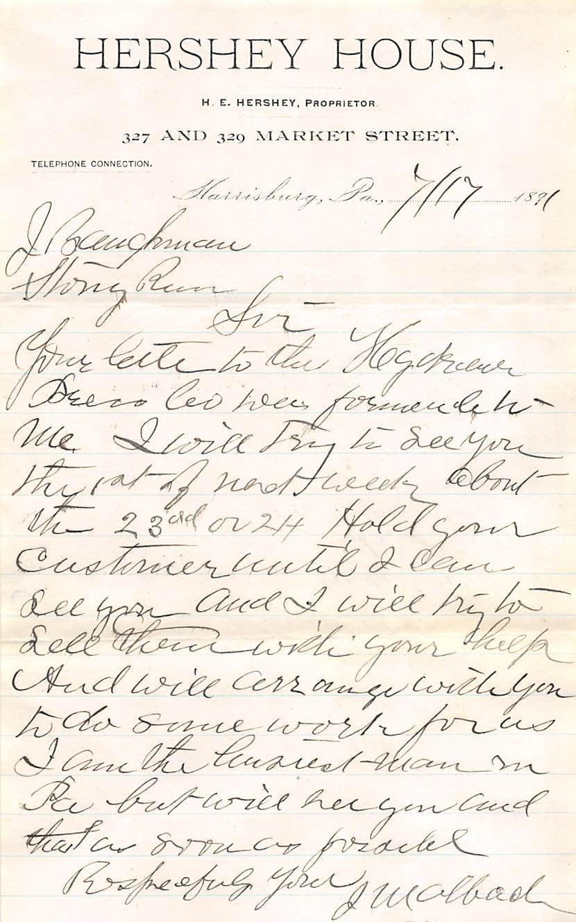 HERSHEY HOUSE HARRISBURG PENNSYLVANIA RARE ANTIQUE ADVERTISING LETTERHEAD 1891 - K-townConsignments