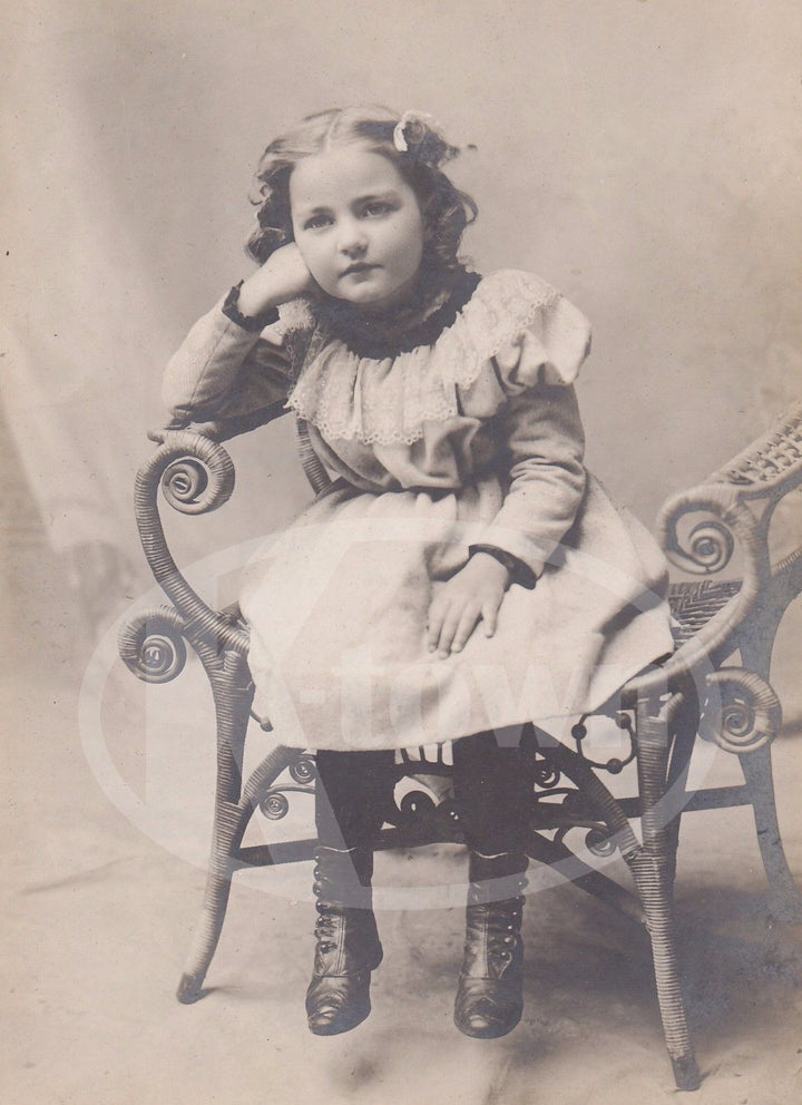 CUTE LITTLE GIRL BLONDE CURLS FINE SHOES & WICKER CHAIR ANTIQUE CABINET PHOTO - K-townConsignments