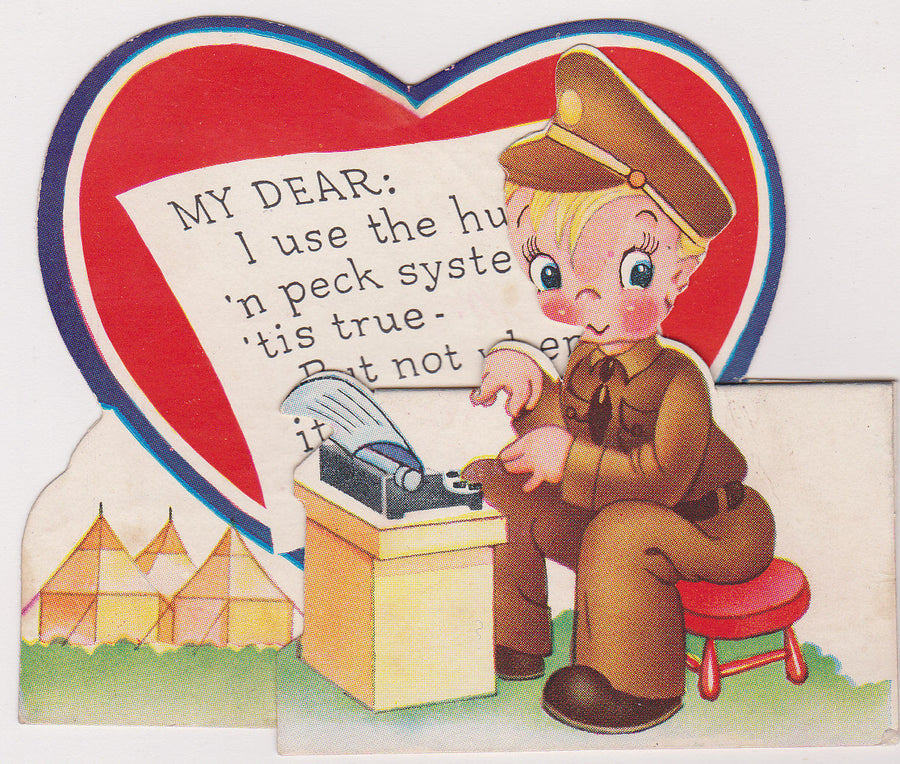 ARMY BOY TYPING HIS BEST GIRL A LETTER CUTE VINTAGE MILTARY VALENTINE'S DAY CARD - K-townConsignments