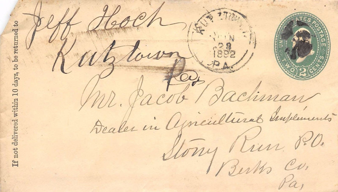JEFF HOCH KUTZTOWN PA ANTIQUE AUTOGRAPH SIGNED LETTER TO STONY RUN PA 1892 - K-townConsignments