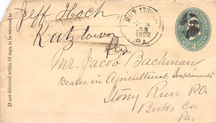 JEFF HOCH KUTZTOWN PA ANTIQUE AUTOGRAPH SIGNED LETTER TO STONY RUN PA 1892 - K-townConsignments
