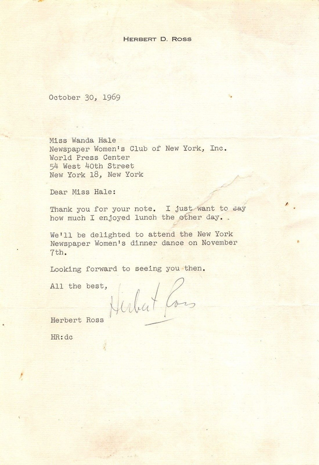 HERBERT ROSS STAGE & FILM ACTOR DIRECTOR VINTAGE AUTOGRAPH SIGNED LETTER 1969 - K-townConsignments