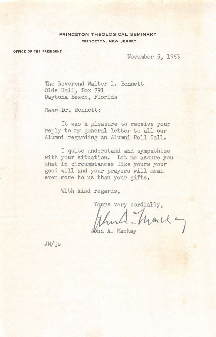 JOHN MACKAY PRINCETON SEMINARY PRESIDENT VINTAGE AUTOGRAPH SIGNED LETTERHEAD - K-townConsignments