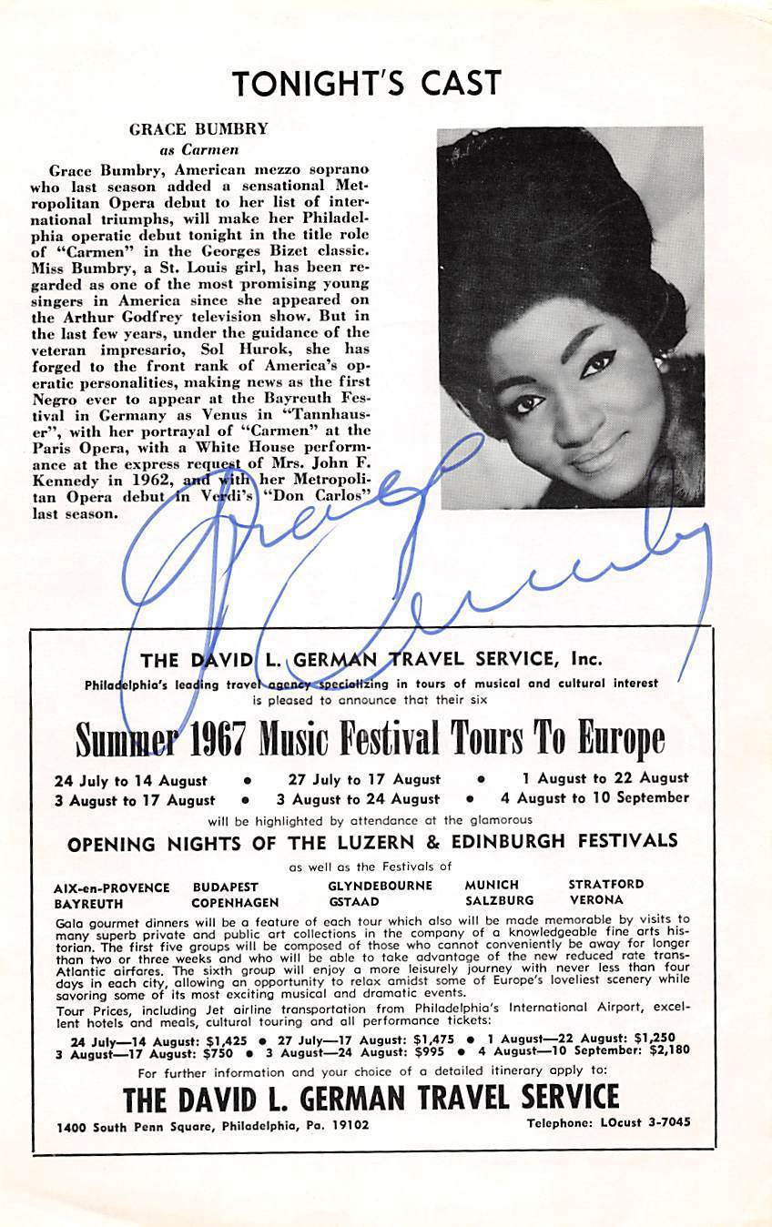 GRACE BUMBRY SOPRANO OPERA SINGER ORIGINAL AUTOGRAPH SIGNED PLAYBILL PAGE - K-townConsignments