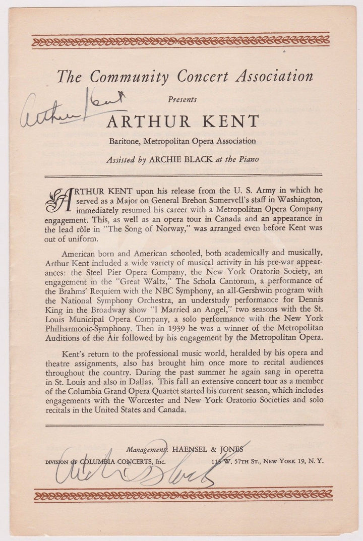 ARTHUR KENT OPERA SINGER & ARCHIE BLACK VINTAGE AUTOGRAPH SIGNED CONCERT BILL - K-townConsignments