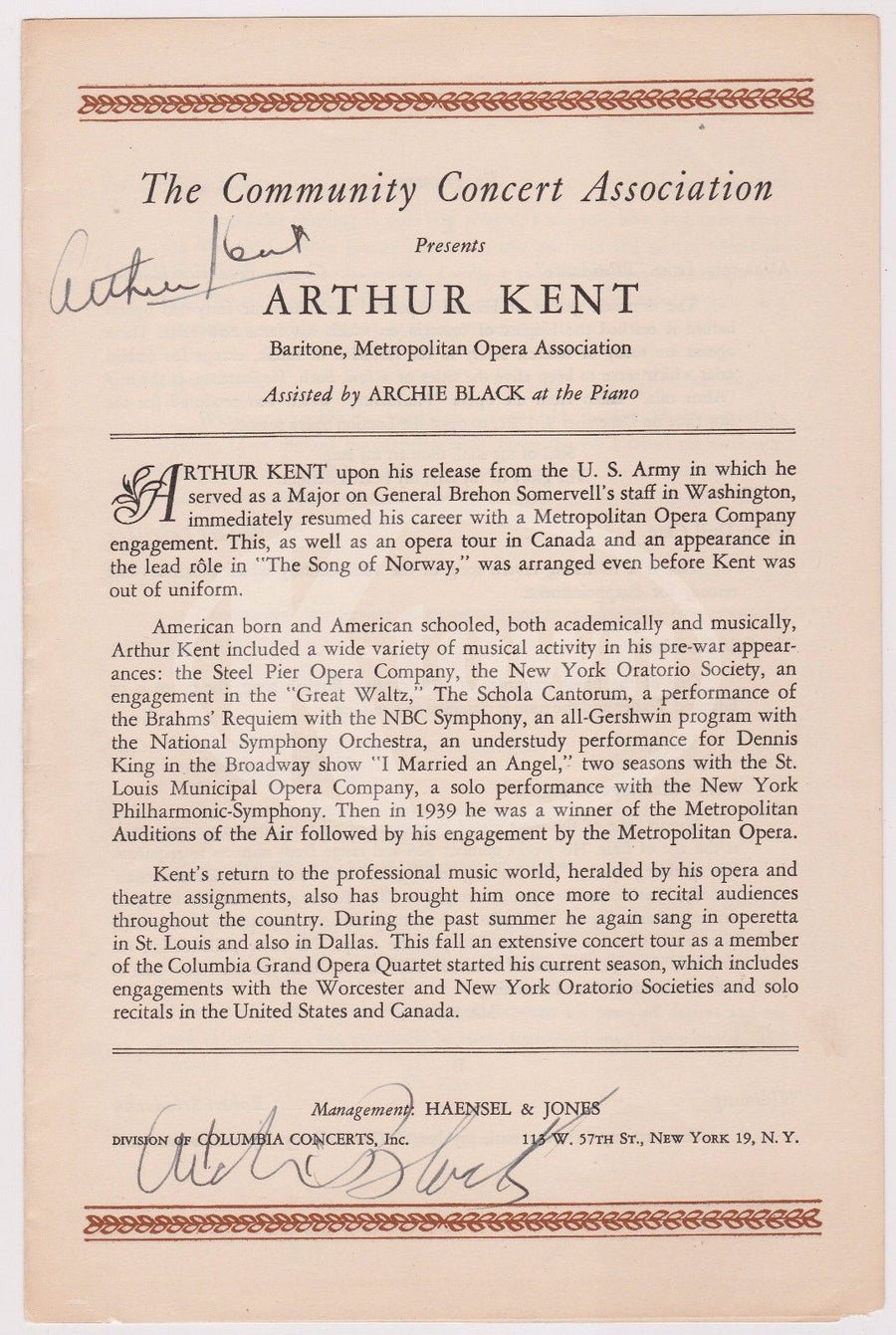 ARTHUR KENT OPERA SINGER & ARCHIE BLACK VINTAGE AUTOGRAPH SIGNED CONCERT BILL - K-townConsignments