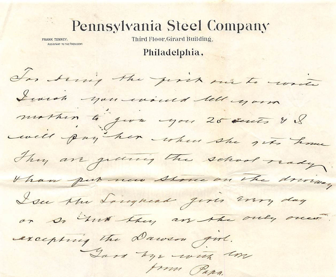 FRANK TENNEY PENNSYLVANIA STELL COMPANY PHILADELPHIA AUTOGRAPH SIGNED LETTER - K-townConsignments