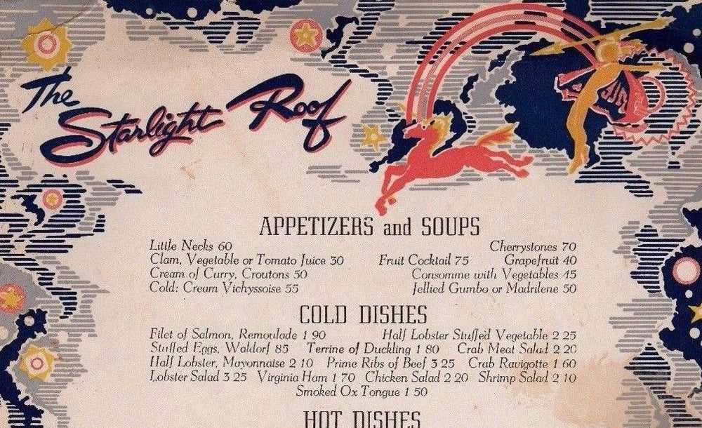 STARLIGHT ROOF WALDORF ASTORIA VINTAGE SPACE THEME GRAPHIC ART DINNER MENU 1949 - K-townConsignments