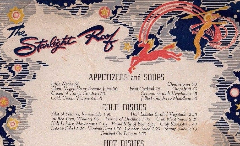 STARLIGHT ROOF WALDORF ASTORIA VINTAGE SPACE THEME GRAPHIC ART DINNER MENU 1949 - K-townConsignments