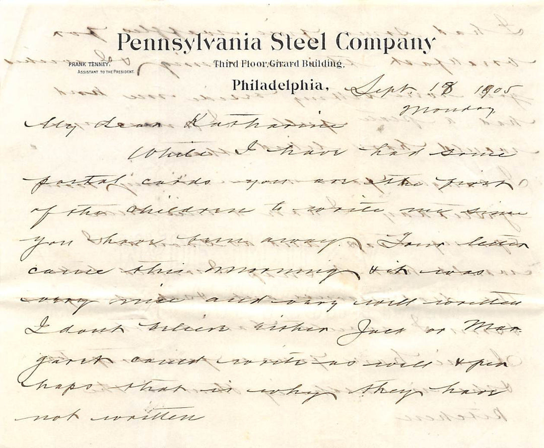 FRANK TENNEY PENNSYLVANIA STELL COMPANY PHILADELPHIA AUTOGRAPH SIGNED LETTER - K-townConsignments