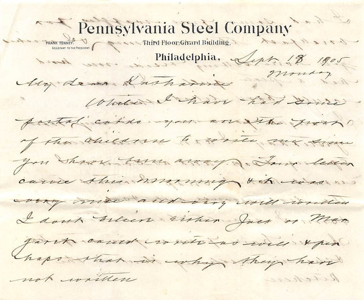 FRANK TENNEY PENNSYLVANIA STELL COMPANY PHILADELPHIA AUTOGRAPH SIGNED LETTER - K-townConsignments