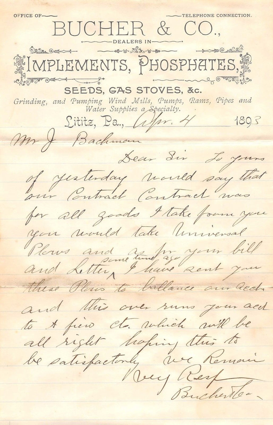 BUCHER FARM SUPPLY GENERAL STORE LITITZ PA ANTIQUE ADVERTISING LETTERHEAD 1893 - K-townConsignments