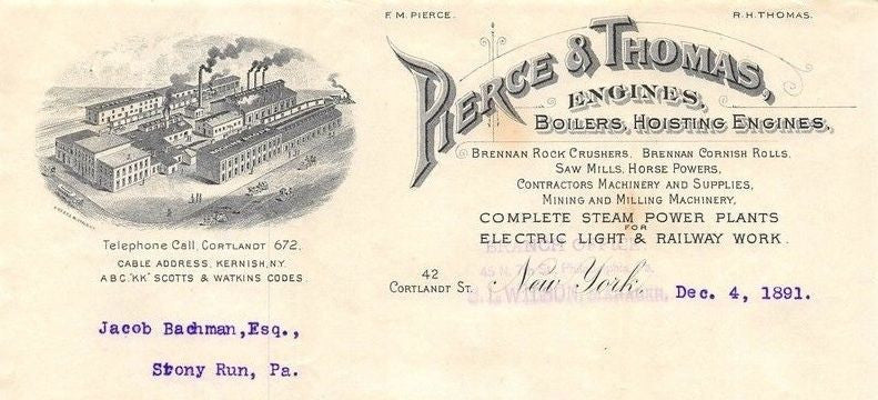 PIERCE THOMAS RAILWAY BOILER ENGINES NEW YORK ANTIQUE ADVERTISING LETTER 1891 - K-townConsignments