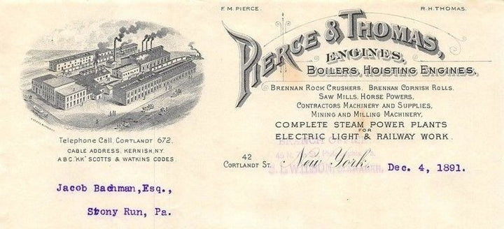 PIERCE THOMAS RAILWAY BOILER ENGINES NEW YORK ANTIQUE ADVERTISING LETTER 1891 - K-townConsignments