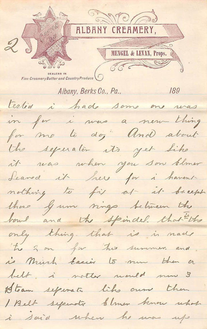MENGEL CREAMERY ALBANY HAMBURG PA DAIRY FARMING ANTIQUE ADVERTISING LETTER 1894 - K-townConsignments