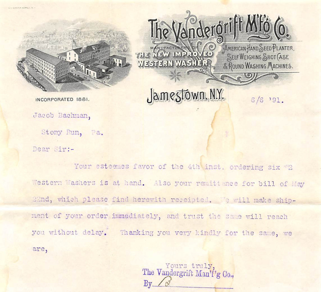 VANDERGRIFT WESTERN WASHER JAMESTOWN NY ANTIQUE GRAPHIC ADVERTISING LETTERHEAD - K-townConsignments