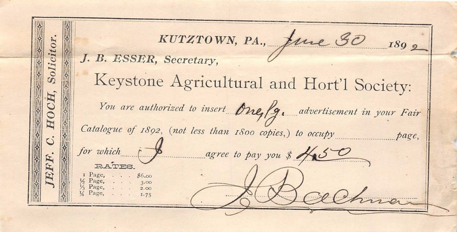 KEYSTONE AGRICULTURAL HORTICULTURAL SOCIETY KUTZTOWN PA ANTIQUE ADVERTISING 1892 - K-townConsignments