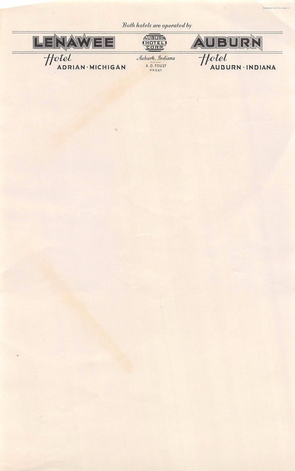 LENAWEE HOTEL MICHIGAN AUBURN HOTEL INDIANA ANTIQUE ART DECO STATIONERY LETTER - K-townConsignments