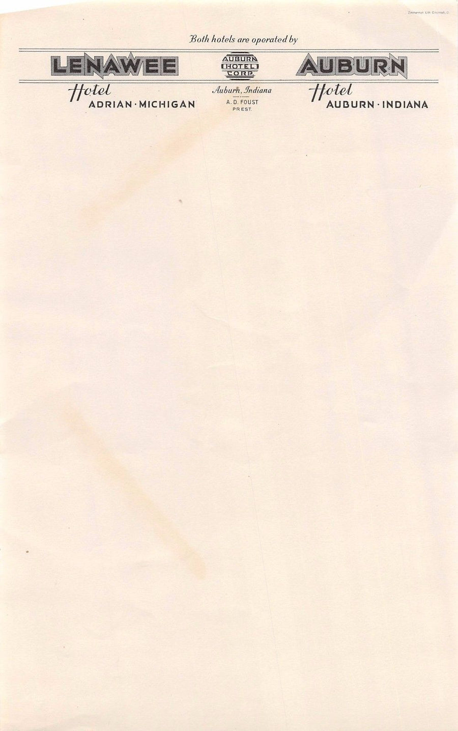 LENAWEE HOTEL MICHIGAN AUBURN HOTEL INDIANA ANTIQUE ART DECO STATIONERY LETTER - K-townConsignments