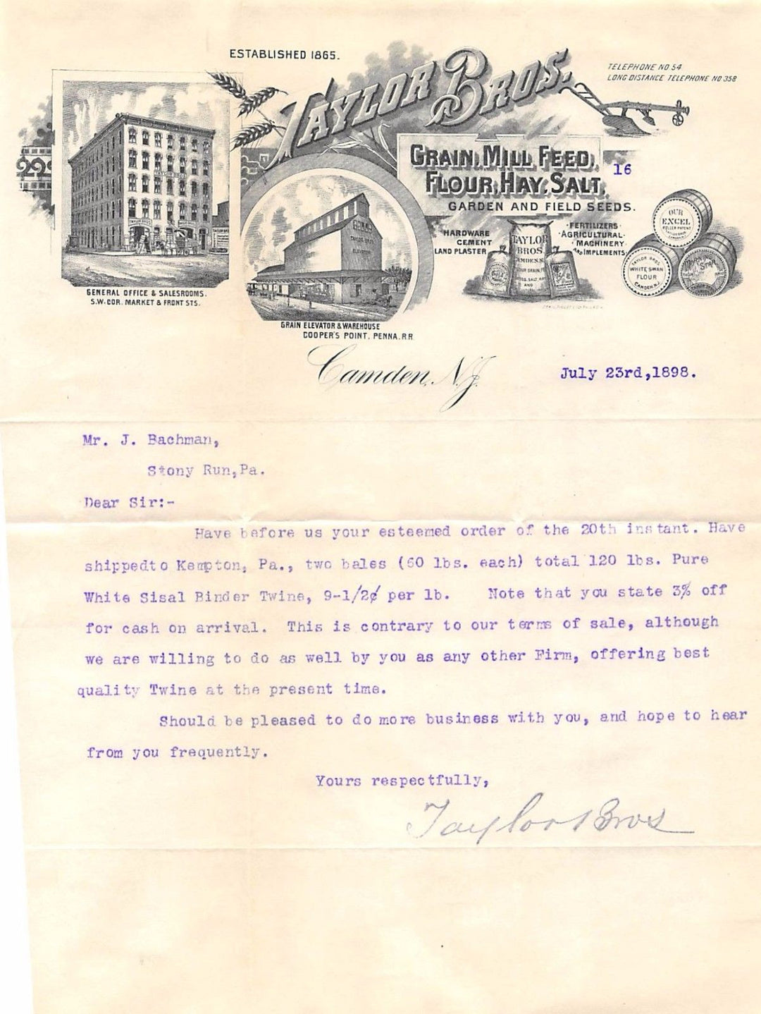TAYLOR BROS FARM FEED MILL CAMDEN NJ ANTIQUE GRAPHIC ADVERTISING LETTERHEAD 1898 - K-townConsignments