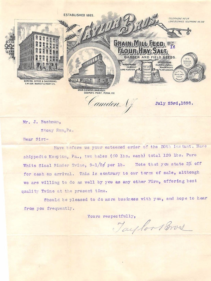 TAYLOR BROS FARM FEED MILL CAMDEN NJ ANTIQUE GRAPHIC ADVERTISING LETTERHEAD 1898 - K-townConsignments