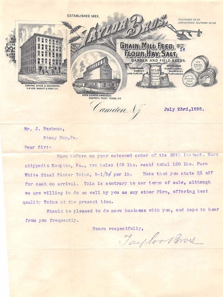 TAYLOR BROS FARM FEED MILL CAMDEN NJ ANTIQUE GRAPHIC ADVERTISING LETTERHEAD 1898 - K-townConsignments
