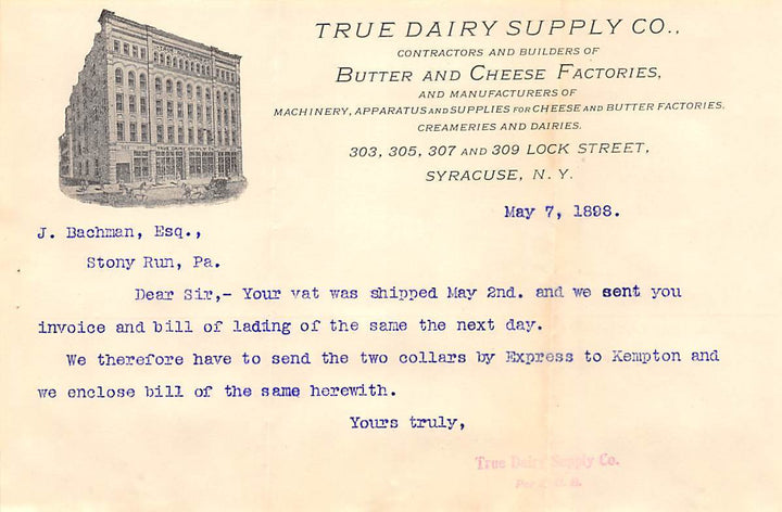TRUE DAIRY SUPPLY COMPANY SYRACUSE NEW YORK ANTIQUE GRAPHIC ADVERTISING LETTER - K-townConsignments