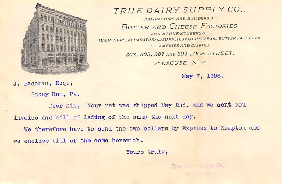 TRUE DAIRY SUPPLY COMPANY SYRACUSE NEW YORK ANTIQUE GRAPHIC ADVERTISING LETTER - K-townConsignments
