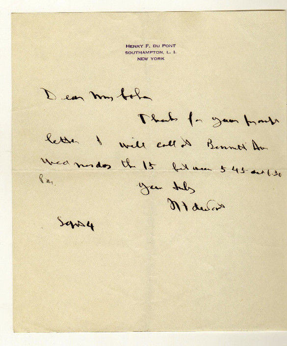HENRY FRANCIS DuPONT CATTLE BREEDER HORTICULTURIST & COLLECTOR AUTOGRAPHED NOTE - K-townConsignments
