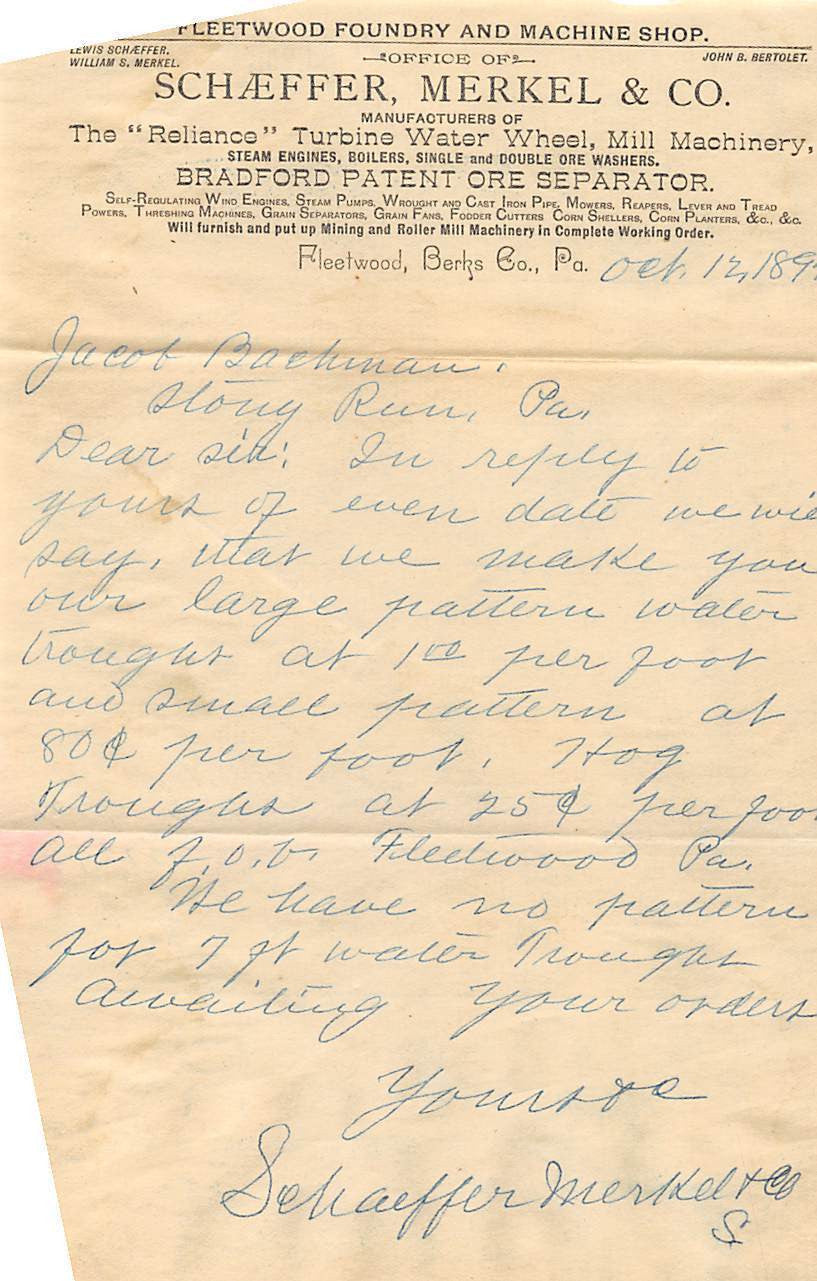 SCHAEFFER MERKEL FOUNDRY FLEETWOOD PENNSYLVANIA ANTIQUE ADVERTISING LETTER 1897 - K-townConsignments