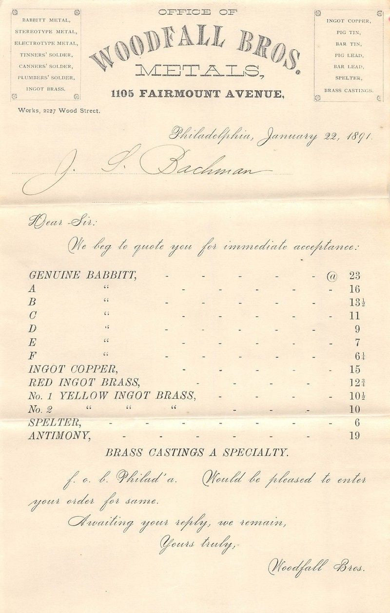 WOODFALL BROS METALS PHILADELPHIA PA ANTIQUE ADVERTISING PRICE LIST LETTER 1891 - K-townConsignments