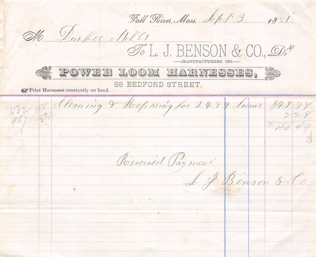 BENSON POWER LOOM HARNESSES FALL RIVER MASS ANTIQUE ADVERTISING SALES RECEIPT - K-townConsignments