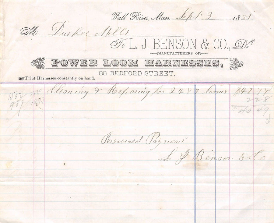 BENSON POWER LOOM HARNESSES FALL RIVER MASS ANTIQUE ADVERTISING SALES RECEIPT - K-townConsignments