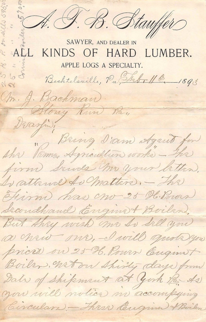 STAUFFER LUMBER YARD BECHTELSVILLE PA ANTIQUE AUTOGRAPH SIGNED LETTERHEAD 1893 - K-townConsignments
