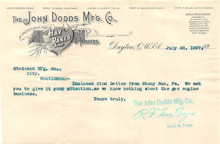 JOHN DODDS FARM TOOLS DAYTON OHIO ANTIQUE GRAPHIC ADVERTISING LETTER MAIL COVER - K-townConsignments