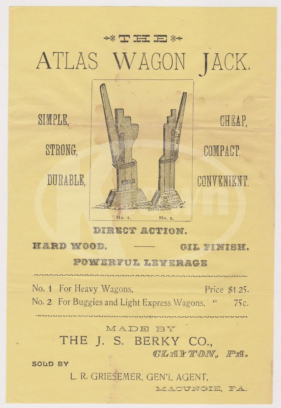 ATLAS COVERED WAGON JACK INVENTION CLAYTON PA ANTIQUE ADVERTISING FLYER 1894 - K-townConsignments