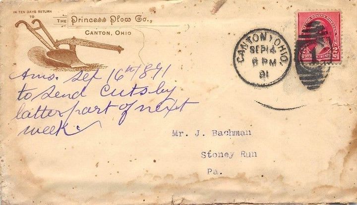 PRINCESS PLOW COMPANY CANTON OHIO FARMING ANTIQUE ADVERTISING POSTED MAIL COVER - K-townConsignments