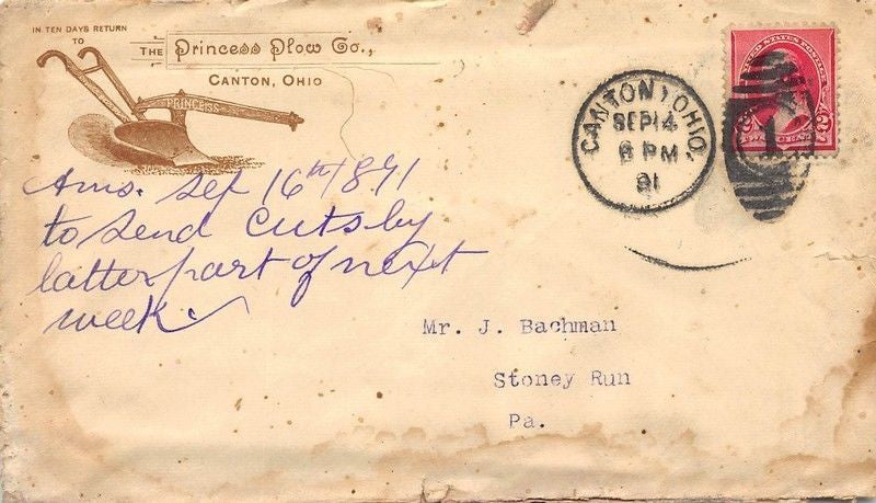 PRINCESS PLOW COMPANY CANTON OHIO FARMING ANTIQUE ADVERTISING POSTED MAIL COVER - K-townConsignments