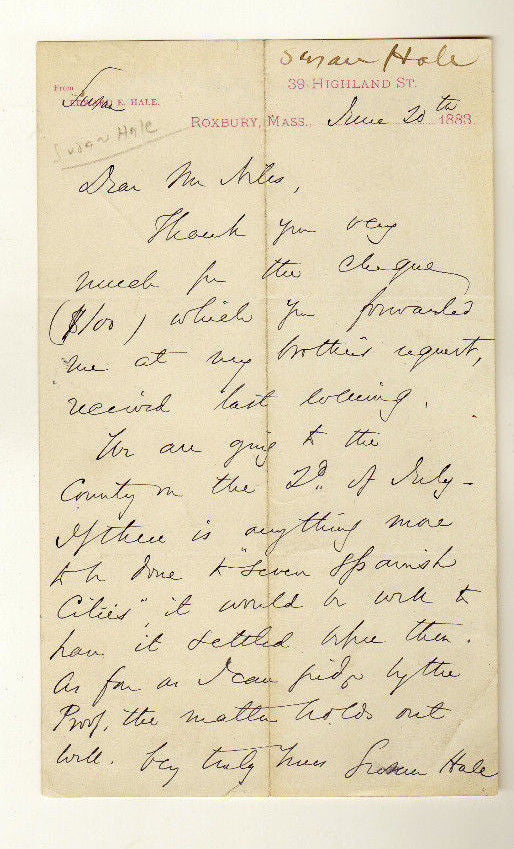 SUSAN HALE ROXBURY MASSACHUSETTS ANTIQUE AUTOGRAPH SIGNED LETTERHEAD 1883 - K-townConsignments