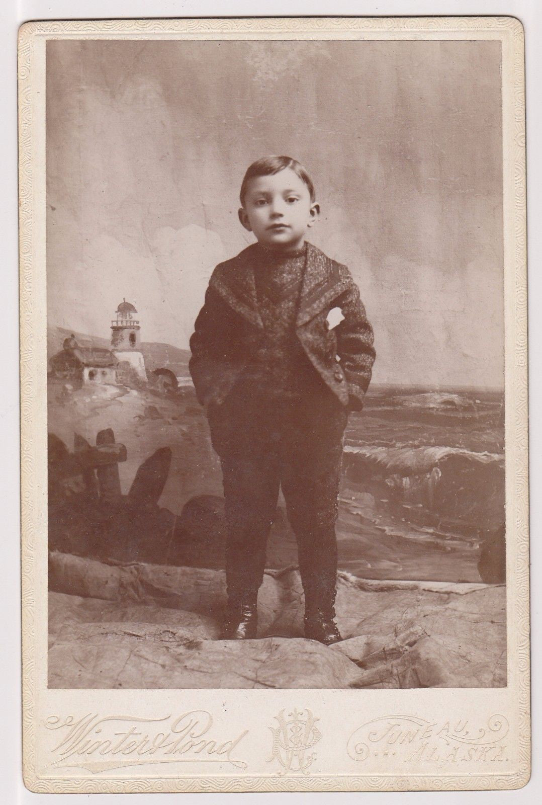 CUTE LITTLE BOY LOG CABIN CHURCH JUNEAU ALASKA ANTIQUE ETHNIC CABIN CARD PHOTO - K-townConsignments